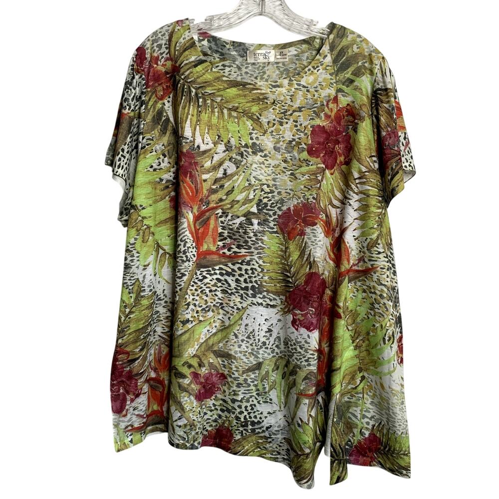 Terra & Sky Womens 2X 20W-22W Tropical Short Sleeve Tee Shirt Blouse VNeck Palms